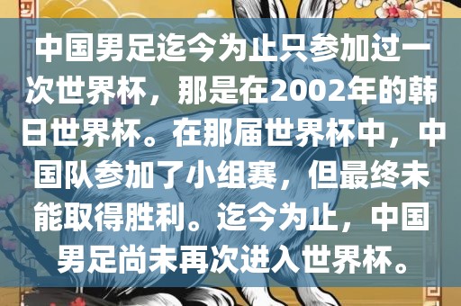 中国男足迄今为止只参加过一次世界杯，那是在2002年的韩日世界杯。在黄冈市中杰窑炉设备有限公司那届世界杯中，中国队参加了小组赛，但最终未能取得胜利。迄今为止，中国男足尚未再次进入世界杯。