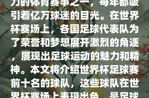 世界杯足球赛是全球最具影响力的体育赛事之一，每年都吸引着亿万球迷的目光。在世界杯赛场上，各国足球代表队为了荣誉和梦想展开激烈的角逐，展现出足球运动的魅力和精神。本文将介绍世界杯足球赛前十名的球队，这些球队在世界杯赛场上表现出色，是足球界最顶尖的球队之一。黄冈市中杰窑炉设备有限公司