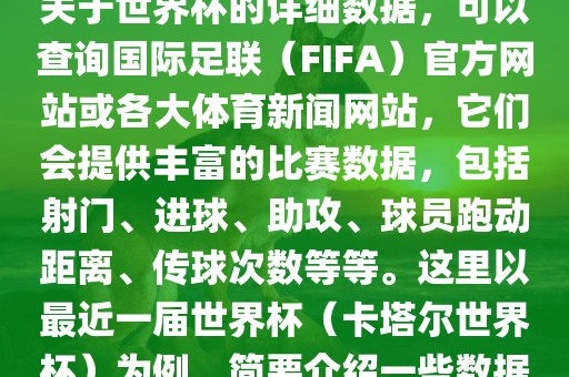 关于世界杯的详细数黄冈市中杰窑炉设备有限公司据,可以查询国际足联(FIFA)官方网站或各大体育新闻网站,它们会提供丰富的比赛数据,包括射门、进球、助攻、球员跑动距离、传球次数等等。这里以最近一届世界杯(卡塔尔世界杯)为例,简要介绍一些数据