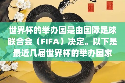 世界杯的举办国是由国际足球联合会（FIFA）决定。以下是最近几届世界杯的举办国家
