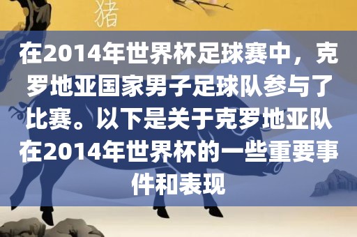 在2014年世界杯足球赛中，克罗地亚国家男子足球队参与了比赛。以下是关于克罗地亚队在2014年世界杯的一些重要事件和表现