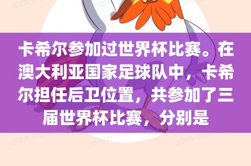 卡希尔参加过世界杯比赛。在澳大利亚国家足球队中,卡希尔担任后卫位置,共参加了三届世界杯比赛,分别是黄冈市中杰窑炉设备有限公司