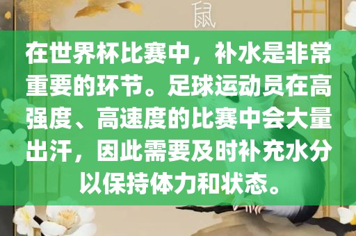 在世界杯比赛中，补水是非常重要的环节。足球运动员在高强度、高速度的比赛中会大量出汗，因此需要及时补充水分以保持体力和状态。