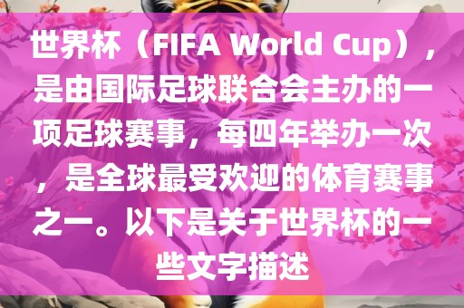 世界杯(FIFA World Cup),是由国际足球联合会主办的一项足球赛事,每四年举办一次,是全球最受欢迎的体育赛事之一。以下是关于世界杯的一些文字描述