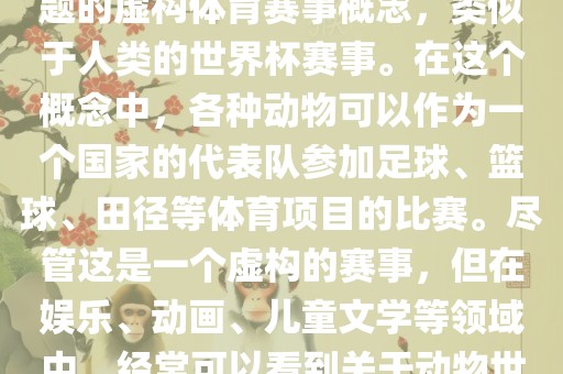 动物世界杯是一个以动物为主题的虚构体育赛事概念,类似于人类的世界杯赛事。在这个概念中,各种动物可以作为一个国家的代表队参加足球、篮球、田径等体育项目的比赛。尽管这是一个虚构的赛事,但在娱乐、动画、儿童文学等领域中,经常可以看到关于动物世界杯的故事和情节。