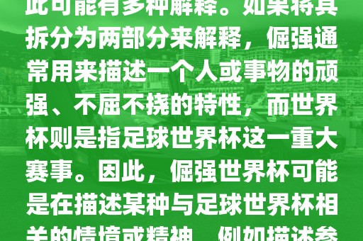 倔强世界杯这个词并不是一个常见的表达或特定的术语,因此可能有多种解释。如果将其拆分为两部分来解释,倔强通常用来描述一个人或事物的顽强、不屈不挠的特性,而世界杯则是指足球世界杯这一重大赛事。因此,倔强世界杯可能是在描述某种与足球世界杯相关的情境或精神,例如描述参赛队伍和球员们的坚韧不拔、顽强拼搏的精神。黄冈市中杰窑炉设备有限公司